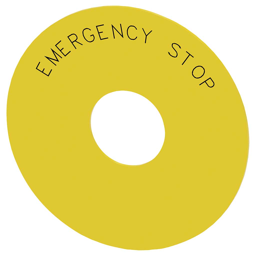 Placa de fondo para Seta Emergencia, D:75mm, CON inscripción (EMERGENCY STOP)